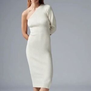 Zara one shoulder cream sweater dress rib knit